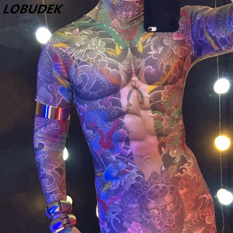 Halloween Nightclub Men Singer Pole dancing Costume Nude Printing Rune Tattoo Jumpsuit Stretch Leotard Jumpsuits DJ Stage Wears