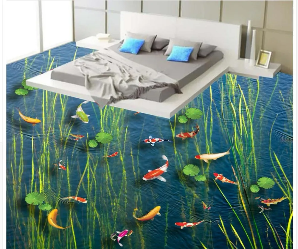 

Custom Photo Floor 3D Wallpaper Modern Art Carp Lotus Leaf Seaweed Plants 3D floor Painting Self-adhesive PVC Wallpaper