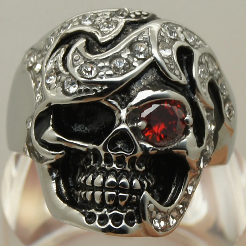 

luxury clear cz paved red cz stone single eye skull 316L stainless steel ring