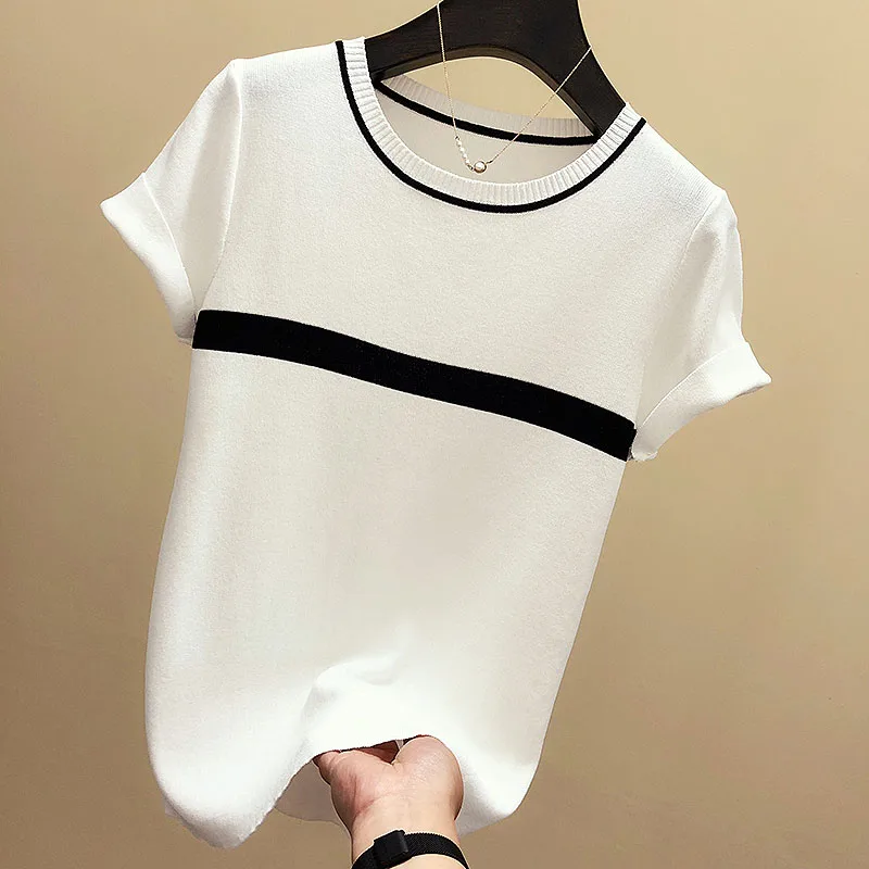 Shintimes Dünne Gestrickte T Shirt Frauen Kleidung Neue Sommer Frau Kurzarm Tees Tops Gestreiften Casual T-Shirt Weibliche T-shirt Femme – Detail 7