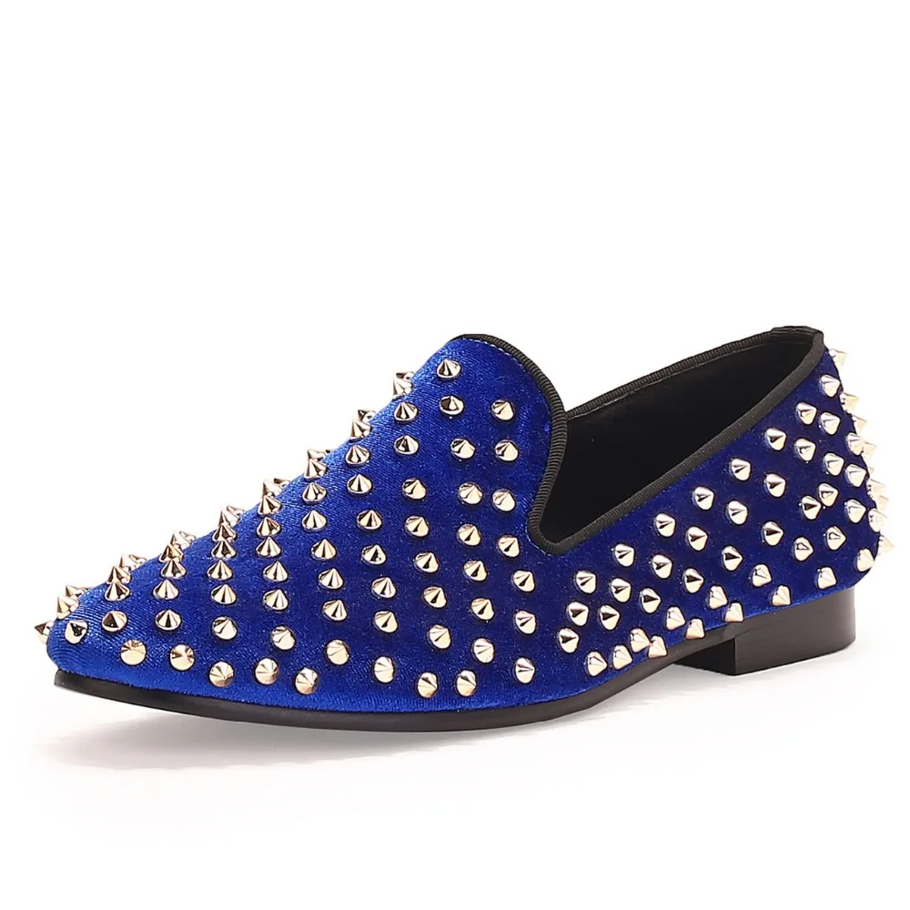 

Blue Men Evening Dress Shoes Spikes Velvet Loafers Studs Wedding Shoes Leather Lining Red Bottom Sole Free Shipping Size 7-14