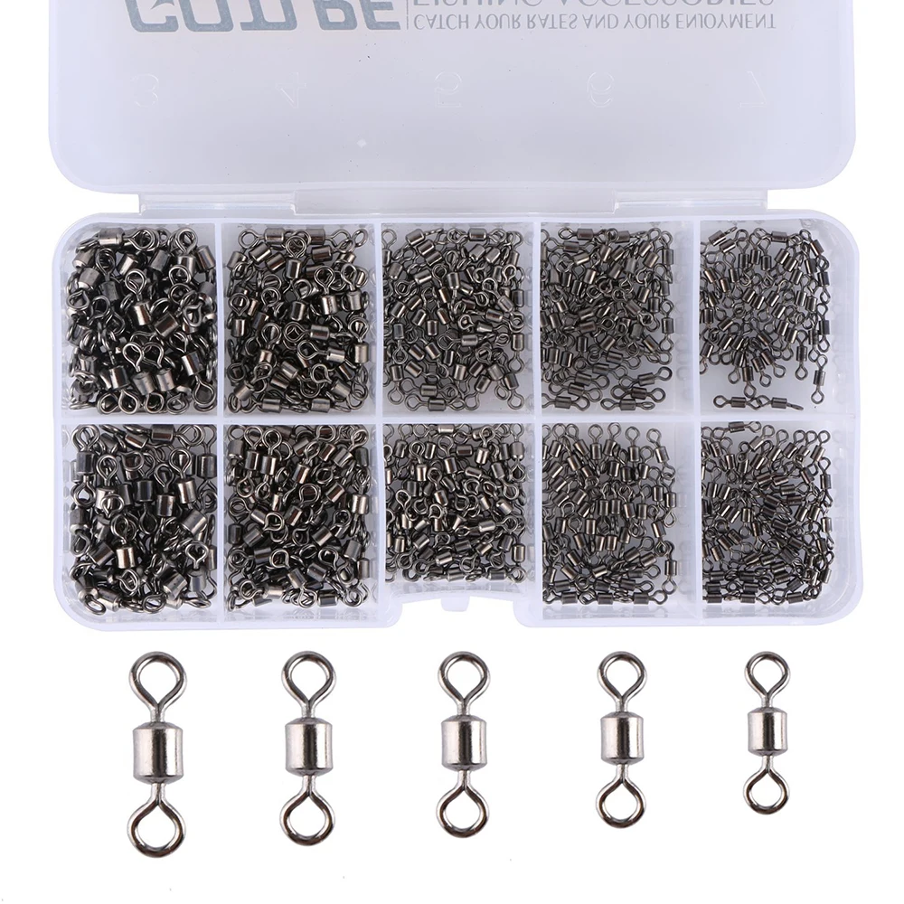 Goture 500pcs Rolling Fishing Swivel Mix Size #4,#6,#8,#10,#12 Sea Rock Fishing Tackle Fishhooks Accessories with Fishing Box