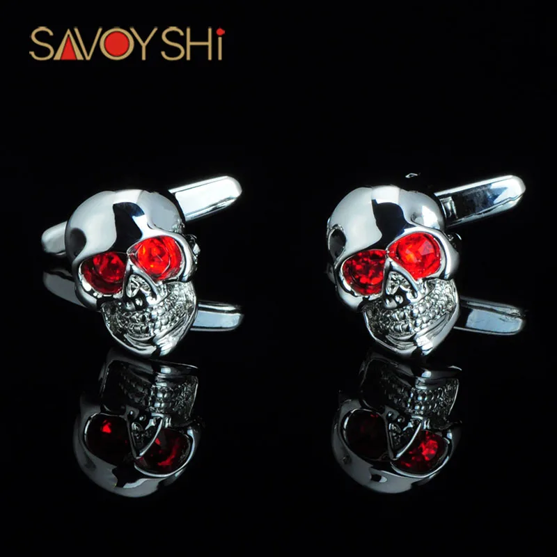 SAVOYSHI Fashion Mens Shirt Cufflinks Brand High quality Red Crystal Silver color Skull Cuff links Halloween Party Gift Jewelry