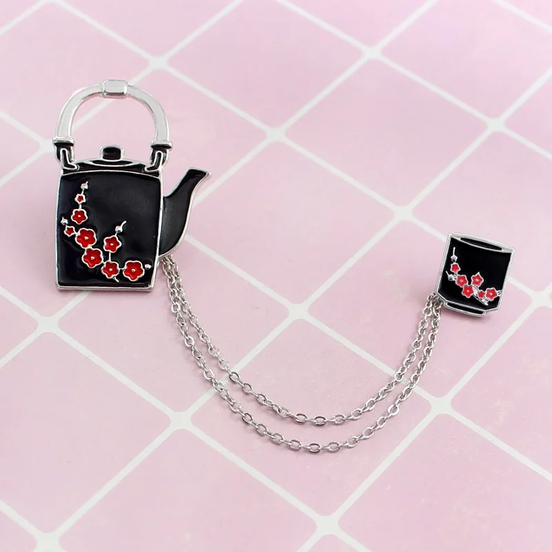 Hot Vintage Red Plum Teapot Teacup Chinese Style with Chain Metal enamel Pins Lapel Clothes Pants Jewelry
