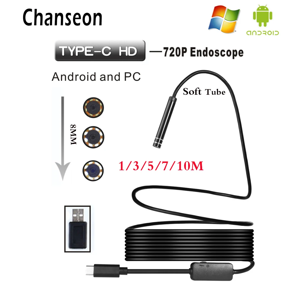 Chanseon HD 720P TYPE-C Waterproof Endoscope Camera 8 Led Adjustable Lights for Huawei Phones Shooting Video Recording Borescope