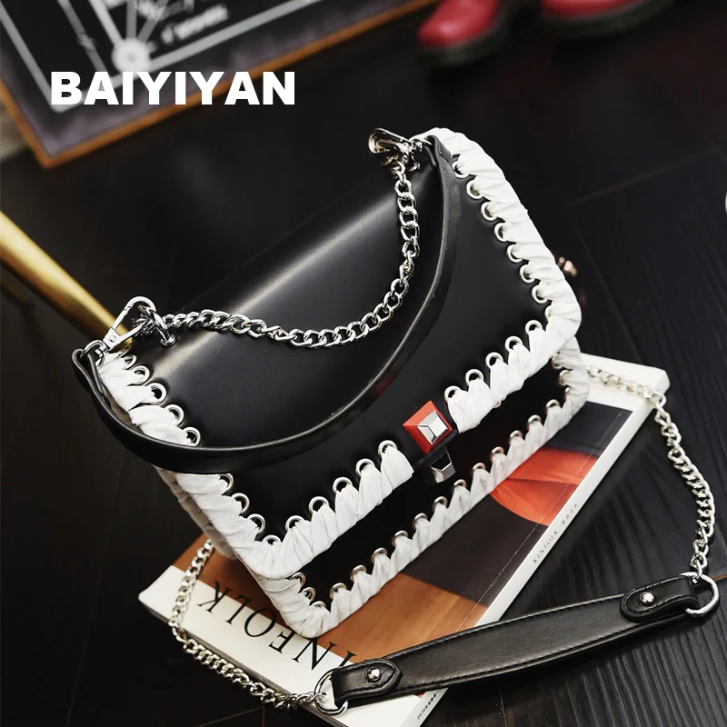 

Women Vintage Knitted Metal Chain Shoulder Bag PU Leather Clutch Hasp Handbag Ladies Crossbody Bag