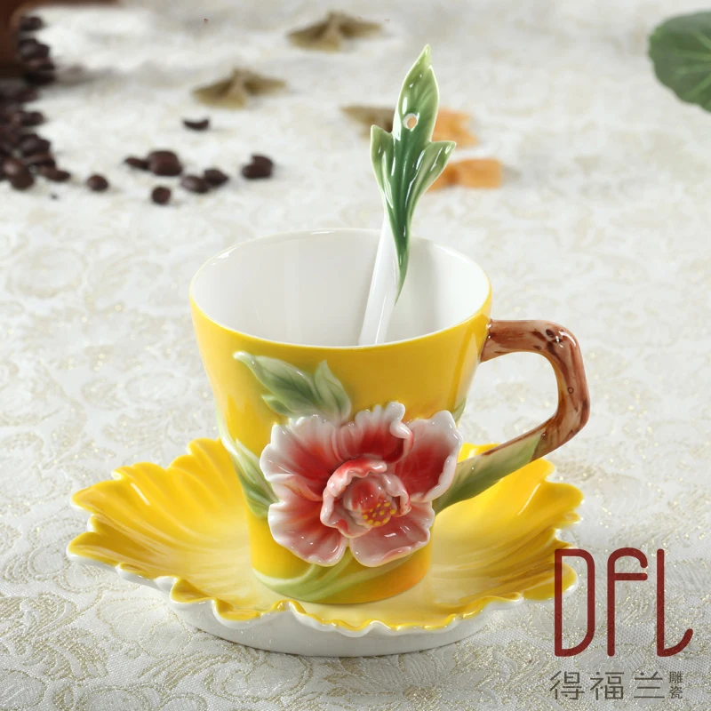 Enamel Painted Coffee Cups Bone China Peony Hand-carved Mug with saucers scoop creativity marriage birthday gift valentine's day