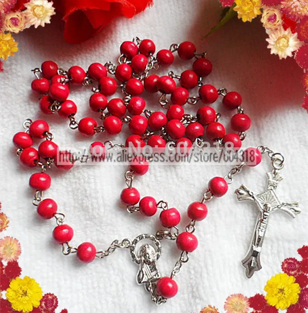 

free ship7mm pink wood bead rosary/religious rosary necklace/pink rosary (100pcs/set)