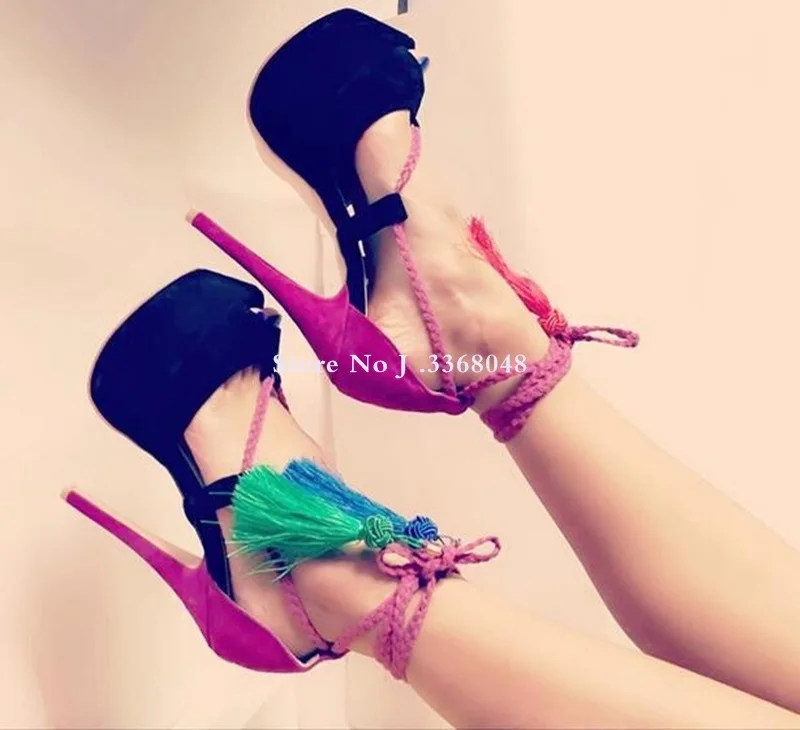 

2018 Fashion Mixed Color 14cm Platform Ankle Strap Women Sandals Peep Toe Cut-out Tassel Fringe Women Thin Heels Shoes