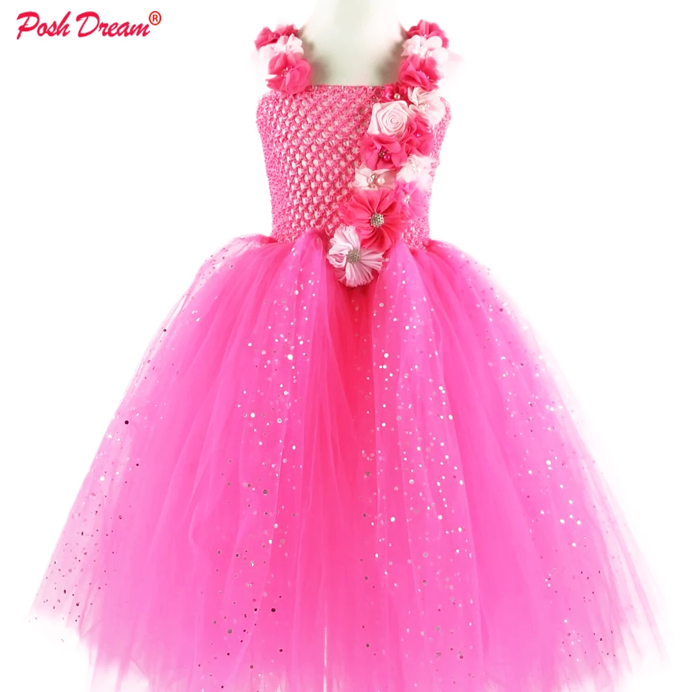 POSH DREAM Rose Hot Pink Flower Dress Girl Wedding For Party Floral Shoulder Straps Kids Girls Tulle Tutu Dress Children Clothes