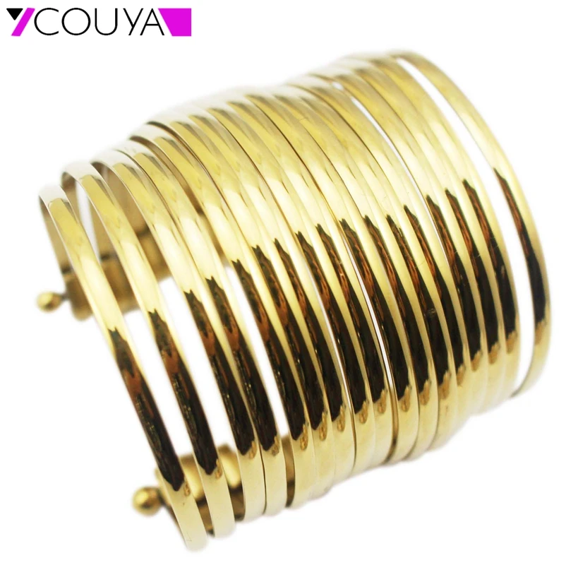 Fashion Women Big Wide Bracelet Gold Stainless Steel Multilayer Strings Wristband Cuff Bangles Statement Jewelry BA0001