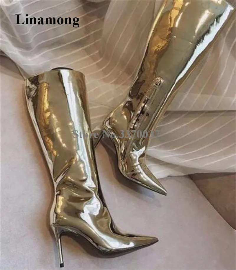 

Ladies New Fashion Pointed Toe Silver Patent Mirror Leather Knee High Thin Heel Boots Sexy Slim Long High Heel Boots Club Shoes