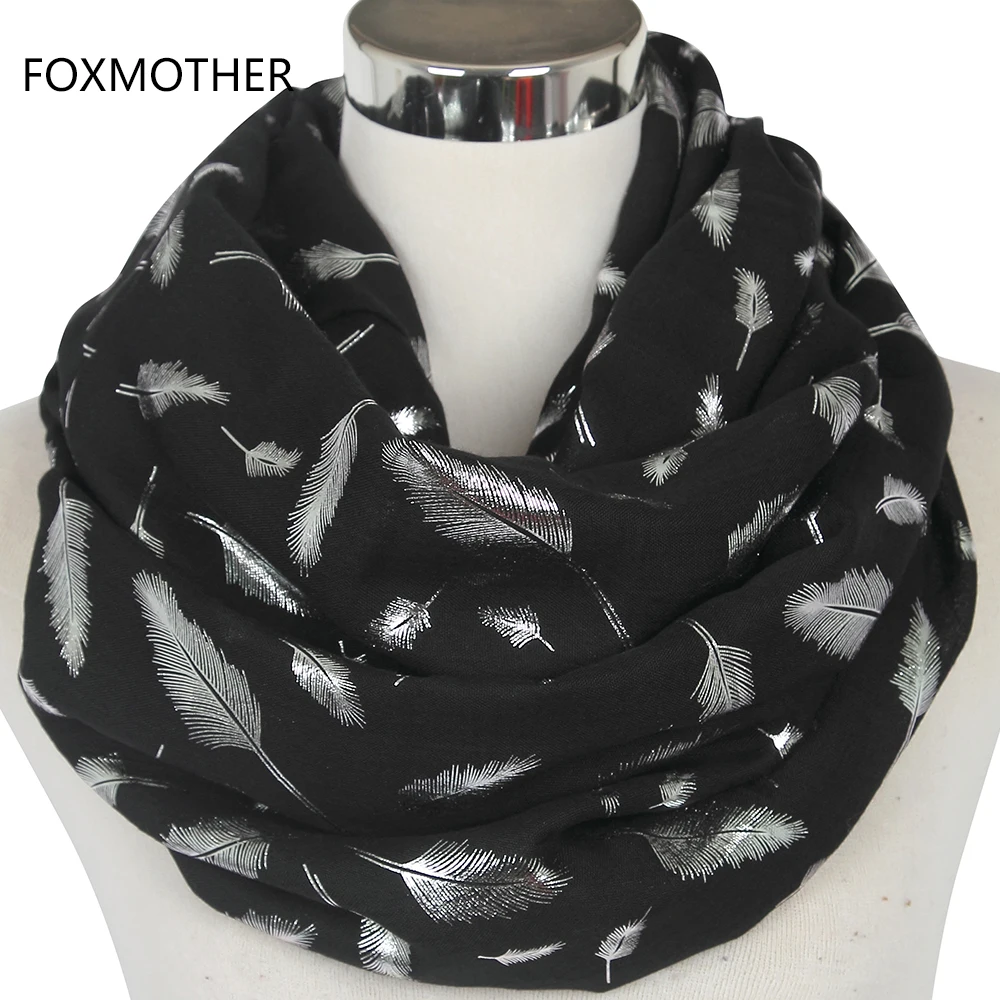 FOXMOTHER Free Shipping Fashion Womens White Navy Yellow  Bronzing Foil Silver Feather Ring Scarves Neck Scarf Glitter Foulard