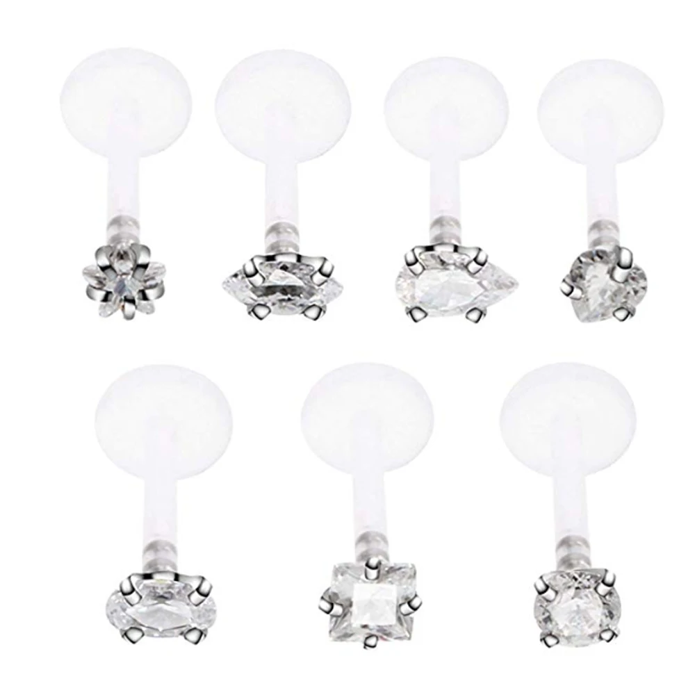 1PC Bioplast Flexible Push-in Labret Stud Lip Piercing Press Fit 3mm Crystal Zircon Ear Cartilage Tragus Helix Jewelry