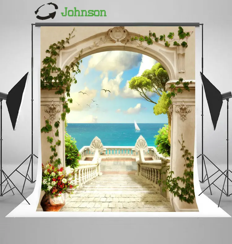 

Sea Coastal Patio Arch Column Flower Leaves Tree Staircase backdrop polyester Vinyl cloth Computer print wedding Background