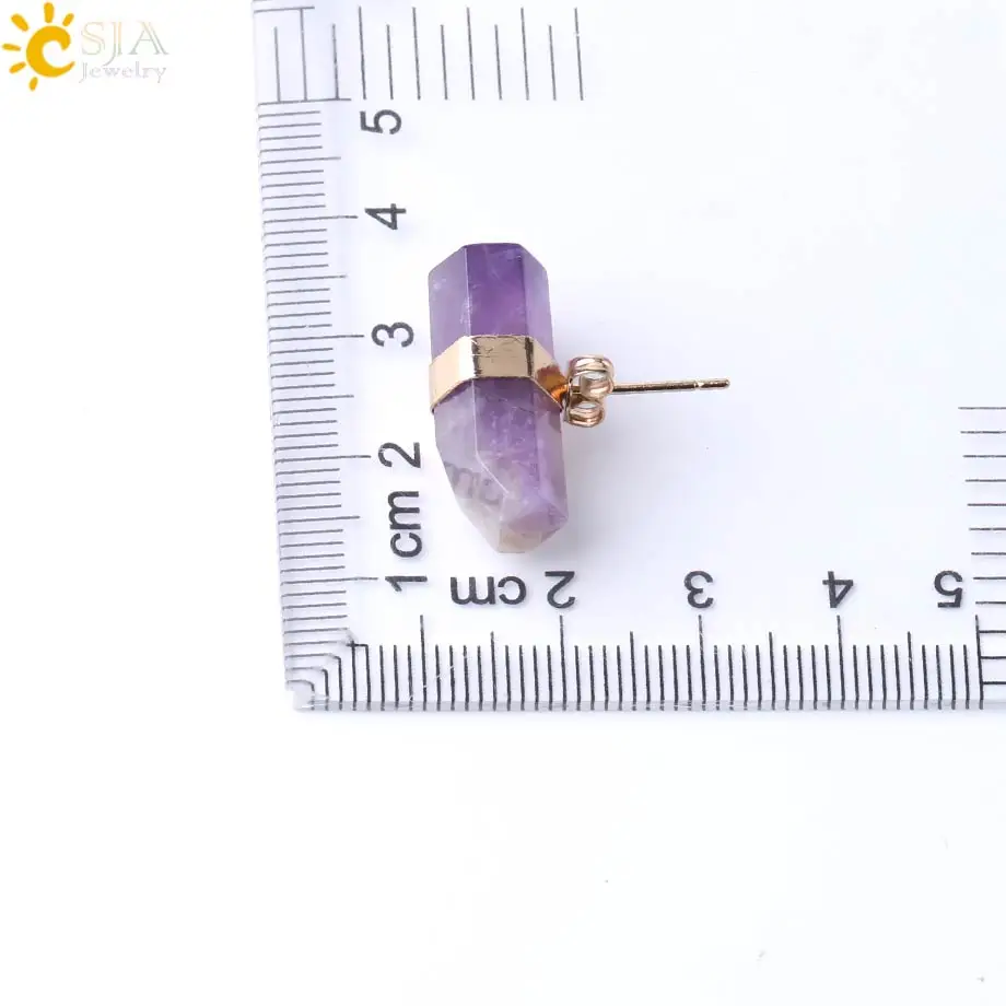 CSJA Natural Stone Stud Earrings Geometric Crystal Pillar Pink Quartz Earring for Women Healing Fashion Ear Jewellery G033