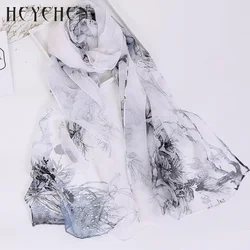 New Design Women Foulard Chiffon Georgette Silk Feeling Scarf peony Flower Branches Print Sunscreen Long Shawl Accessories HY87