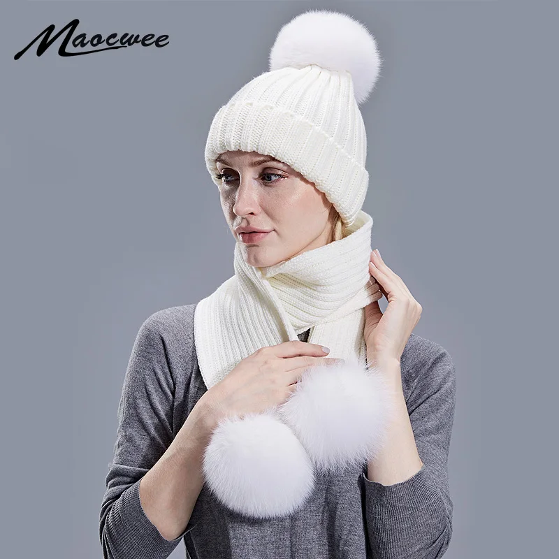 

Wholesale Mink And Fox Fur Ball Cap Pom Poms Winter Hat For Women Girl 'S Hat Scarf Set Knitted Beanies Cap Brand Thick Female