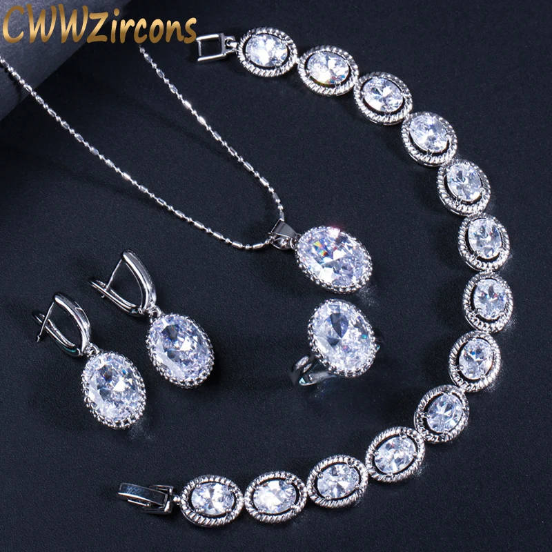 CWWZircons 4 Pcs Oval White Cubic Zirconia Fashion Bridesmaid Necklace Earring Ring and Bracelet Jewelry Sets for Women T307