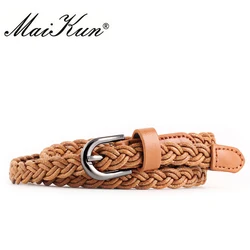 Cinturones de vestir informales de diseñador de marca para mujer, cinturón de cuero genuino de trenza fina para Jeans, hebilla de Pin, Correa femenina de Color caramelo