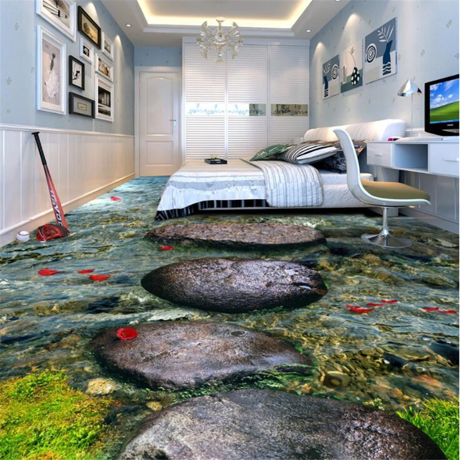 

beibehang Custom floor painting 3d stone brook river water bathroom decorative painting 3D floor tile painting papel de parede