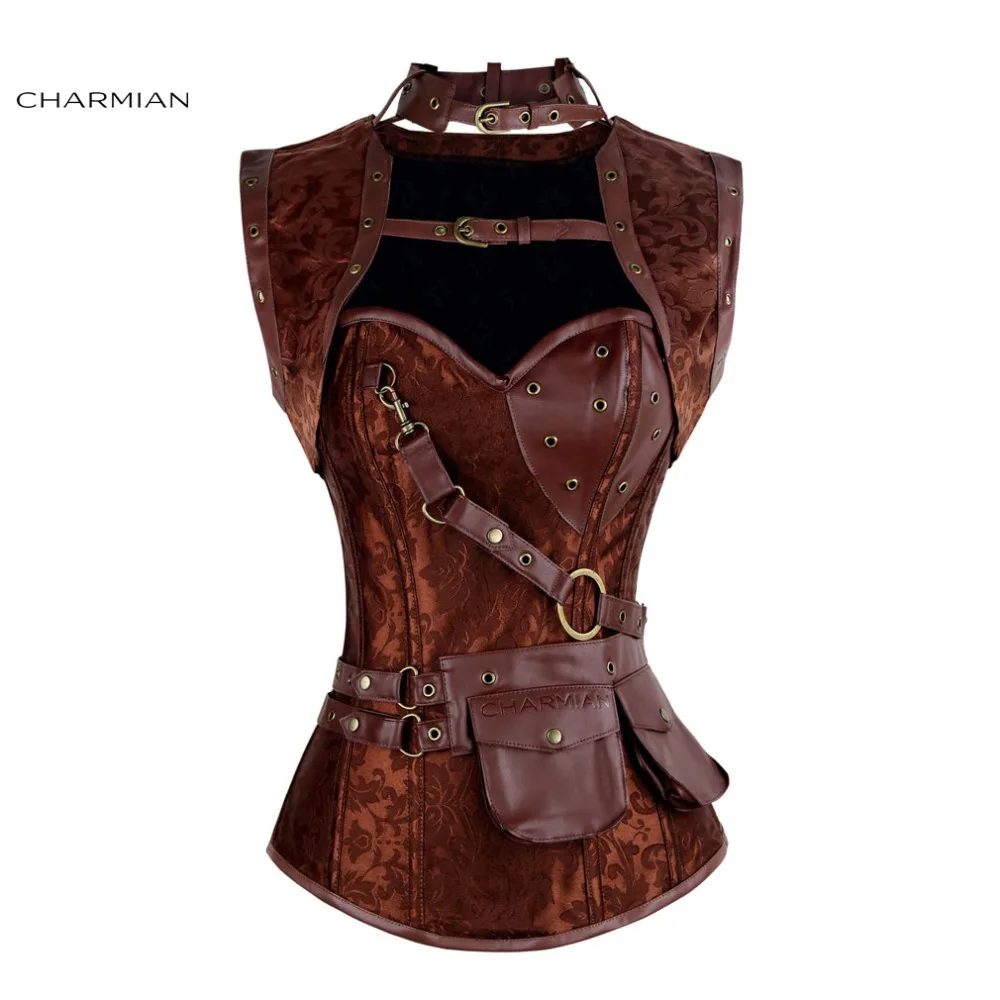 Charmian 3 pezzi Steampunk corsetto gotico da donna broccato in acciaio disossato Plus Size bustier corsetto Top con giacca e cintura a marsupio marrone
