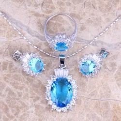 Distinctive Sky Blue Cubic Zirconia White CZ Silver Plated Jewelry Sets Earrings Pendant Ring Size 6 / 7 / 8 / 9 / 10 S0421