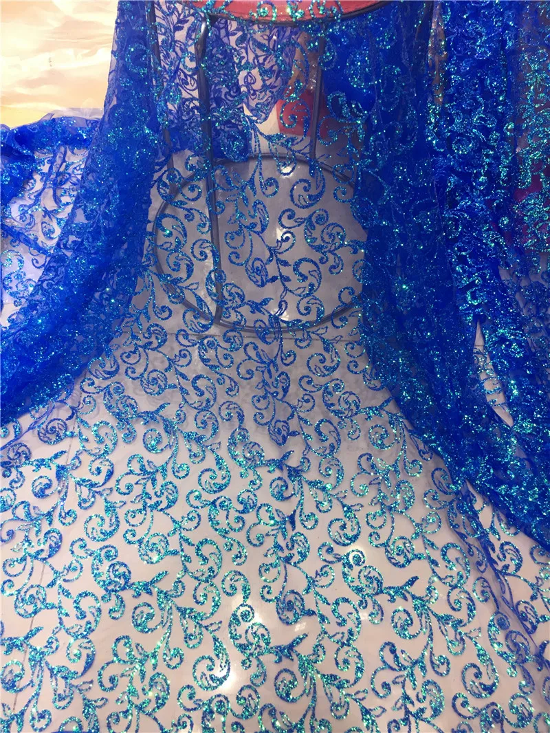 

5yards JRB-070104 shining glued print glitter sparkle net tulle mesh lace for fashion designer in blue color