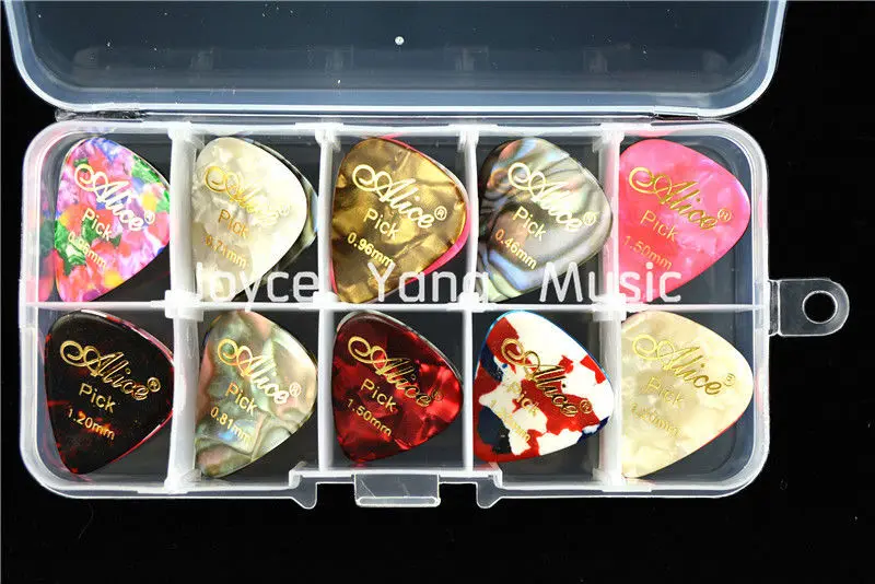 50pcs Alice Hot Stamping Pearl Celluloid Acoustic Electric Guitar Picks Plectrums+1 Plastic Picks Box Case Free Shipping