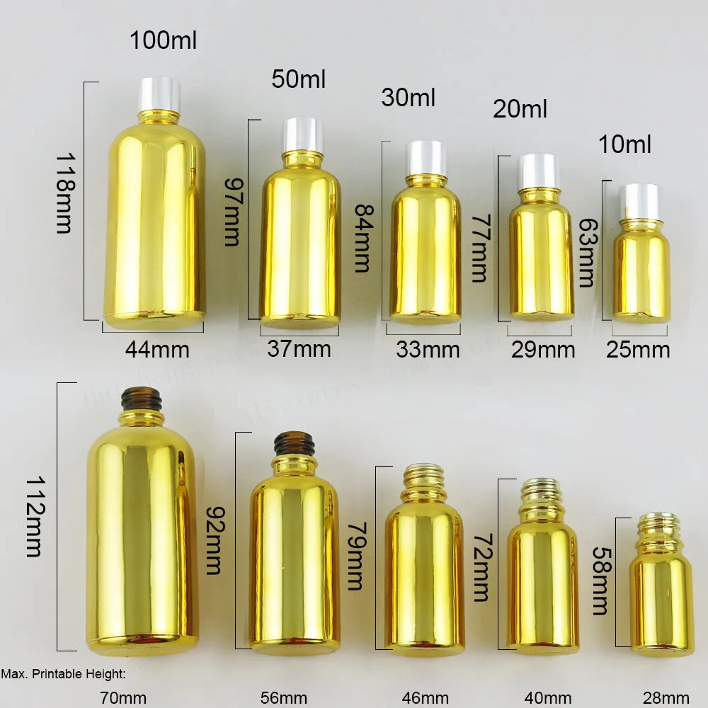 12 x High Quality 5ml 10ml 20ml 30ml 50ml 100ml Refillable Gold Glass Bottle With Aluminium Lids 1OZ Glass Cosmetic Container