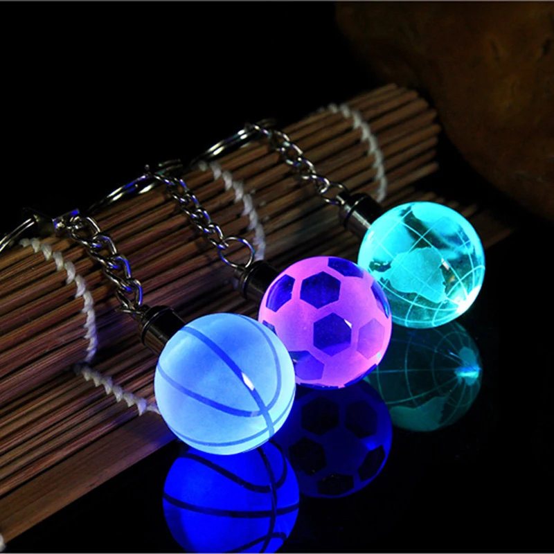 

Hot Sale Color LED light Keychain Glass Ball Football Globe Basketball Crystal Ball Sports Events Souvenir Keyring Gifts For Men