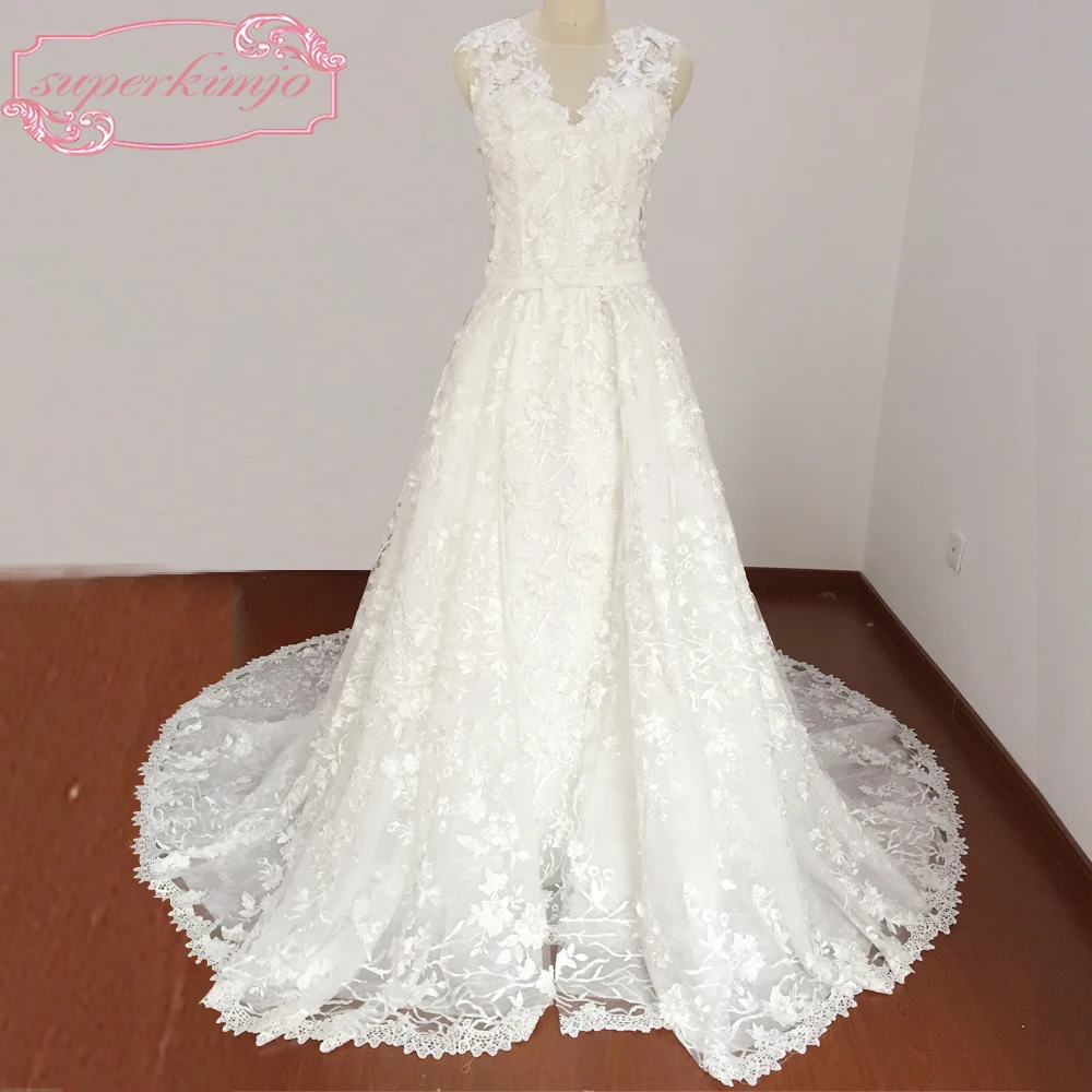 

Wedding Dresses with Detachable Train Sheer Crew V Neck Lace Appliques Flowers Chapel Train Bridal Dresses Real Picture