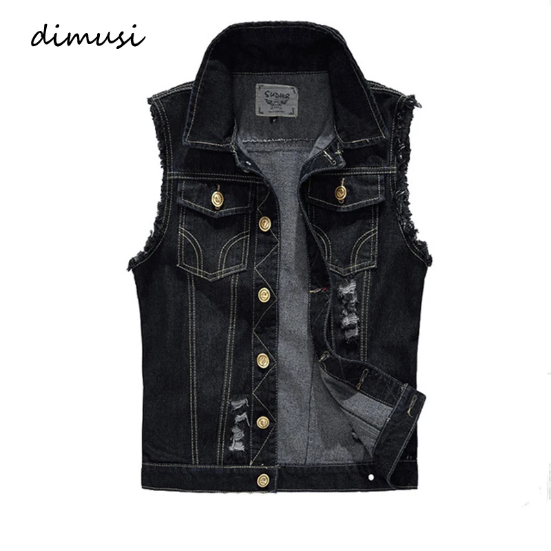 DIMUSI New Spring Autumn Vintage Design Men's Denim Vest Male Black Sleeveless Jackets Men Hole Jeans Brand Waistcoat 6XL,YA566