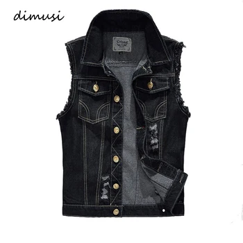 DIMUSI Nuova Primavera Autunno Vintage Design Gilet di jeans da uomo Maschio Nero Senza maniche Giubbotti da uomo Hole Jeans Gilet di marca 6XL, YA566