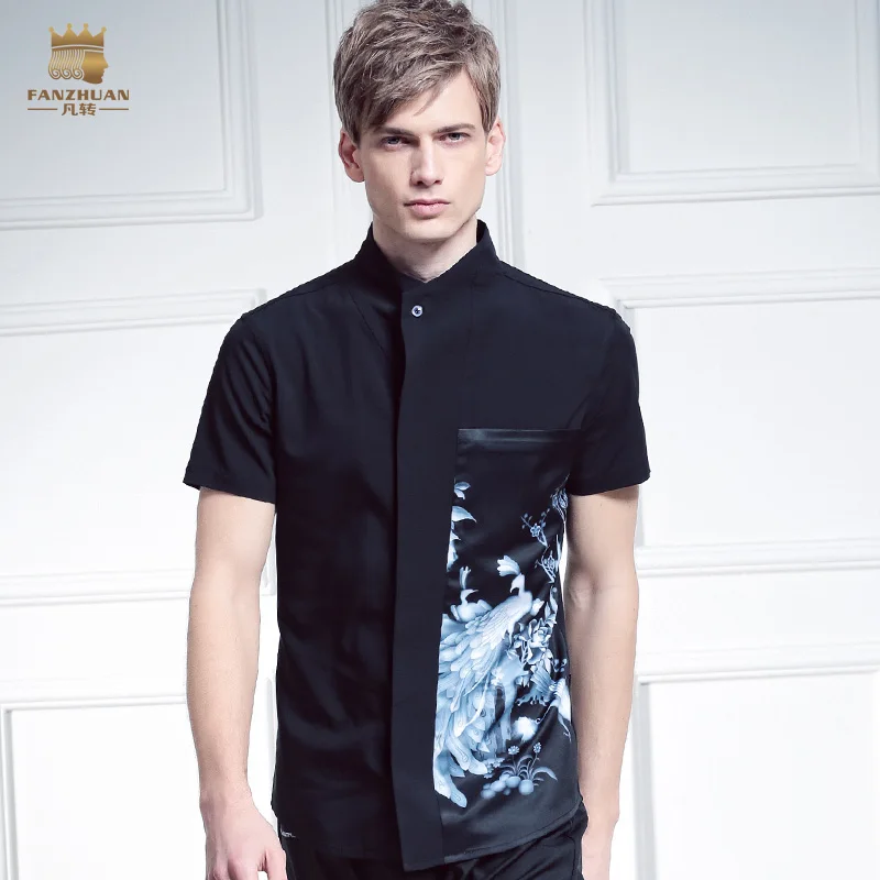 

Fanzhuan Free shipping New male Summer casual fashion Men's short sleeved peacock pattern printing black shirt 612068 blouse