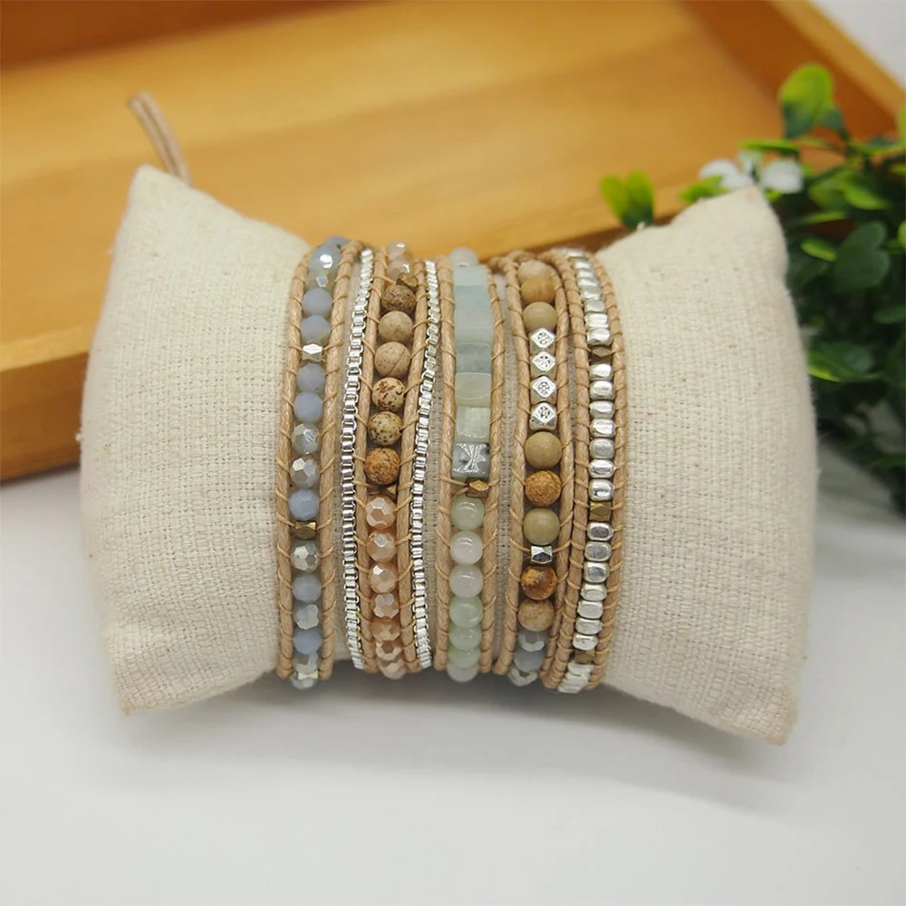 Amazonite Mix 5 Wrap Bracelet, Boho Beadwork 316 Stainless Steel Box Chain Unisex Bracelet Jewelry for Women Men Drop Shipping