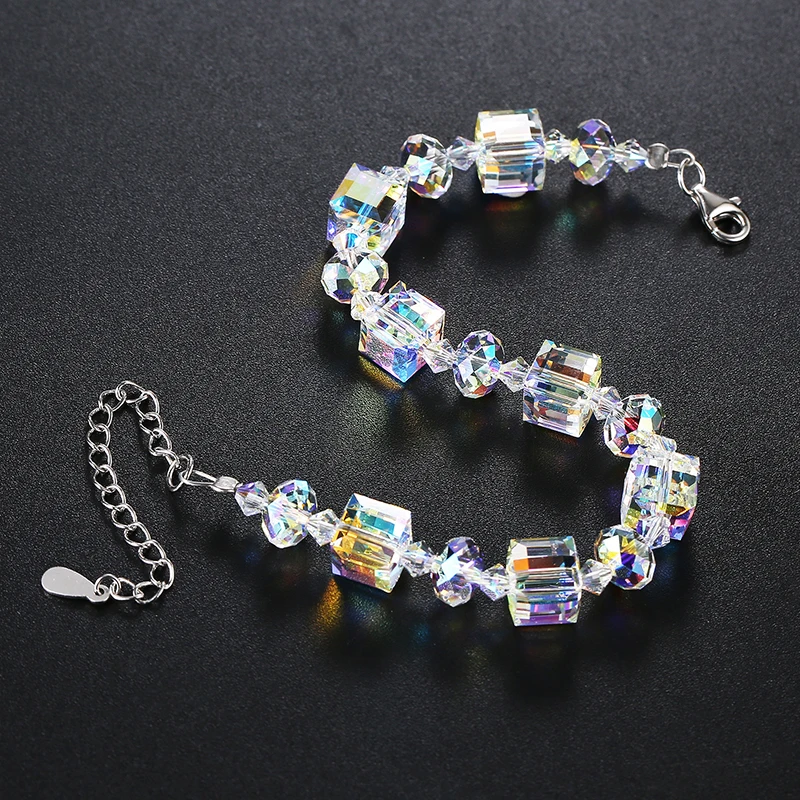 Luxury Colorful Beads Jewelry Sets Crystals From Austria Silver Color Cube Pendant Necklace Dangle Earrings Bracelet For Women
