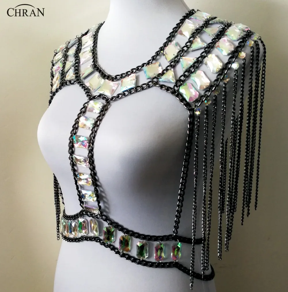 2023 Black Gem Bead Crop Top Chain Rave Bra Chain Shoulder Necklace Ibiza Sonar Wear EDM Outfit Body Jewelry Chain Tank Tops