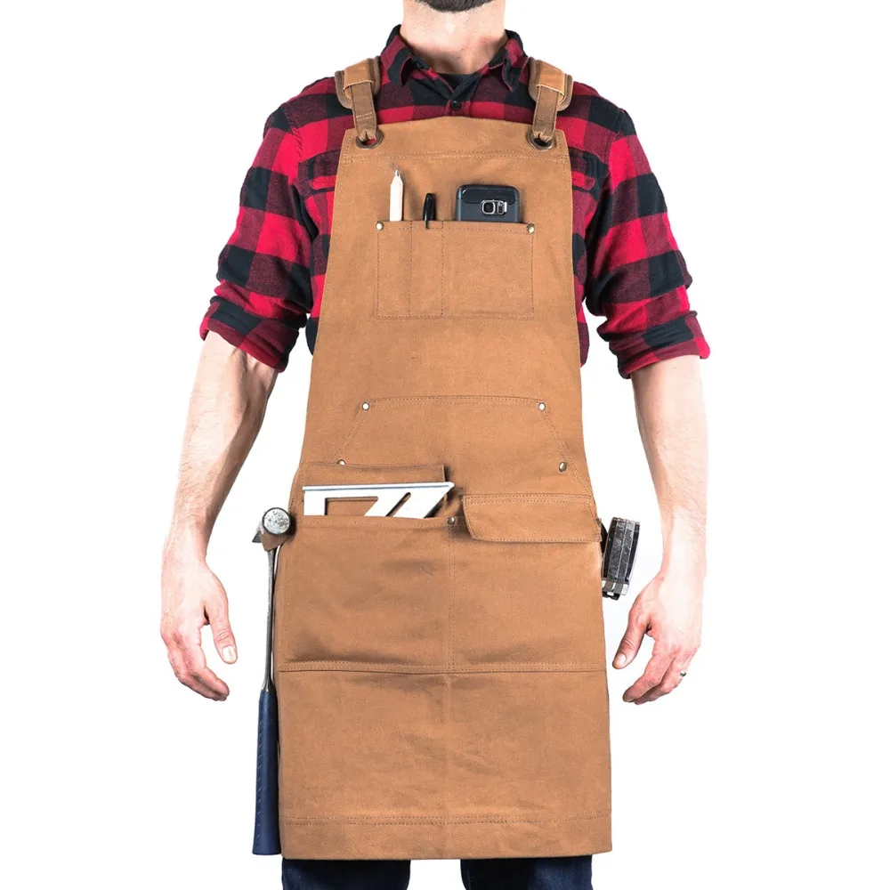 

Woodworking Edition Waxed Canvas Apron (Brown) - Padded Straps, Quick Release Buckle, 2x Hammer Loops, Adjustable M to XXL