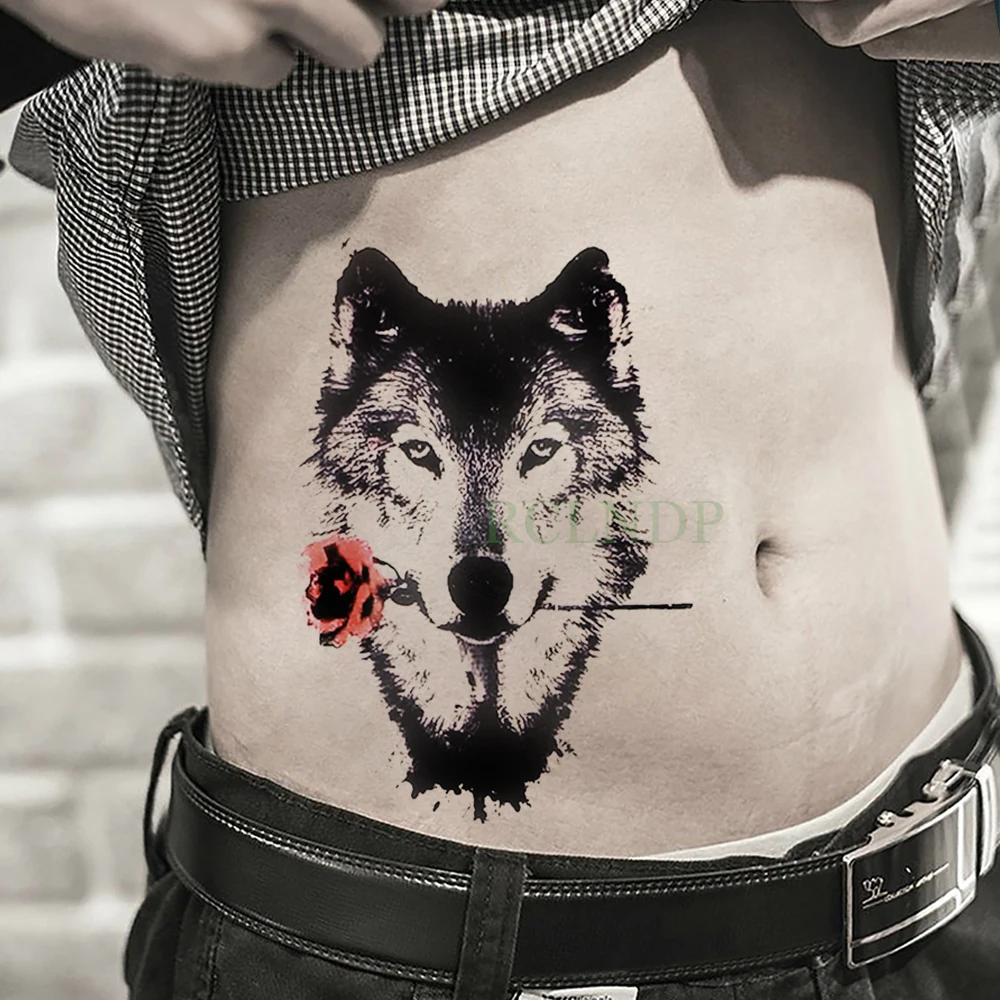 Waterproof Temporary Tattoo Sticker Wolves wolf hear Rose Fake Tatto Flash Tatoo Back Abdomen Arm tatouage for Girl Women Men