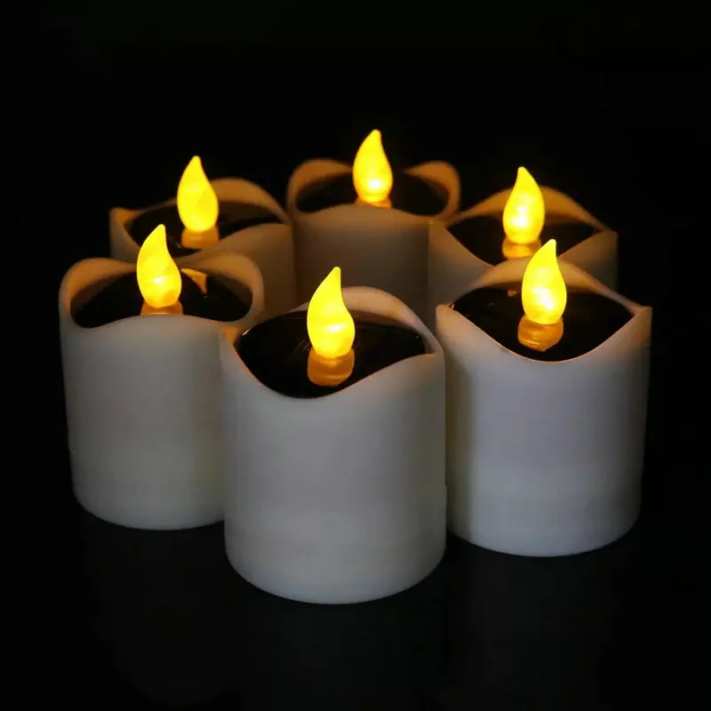 Conjunto de 6 solar powered led eletrônico tealight cintilação flameless vela lâmpada casamento natal igreja festa decoração 7.5cm (h)-amarelo