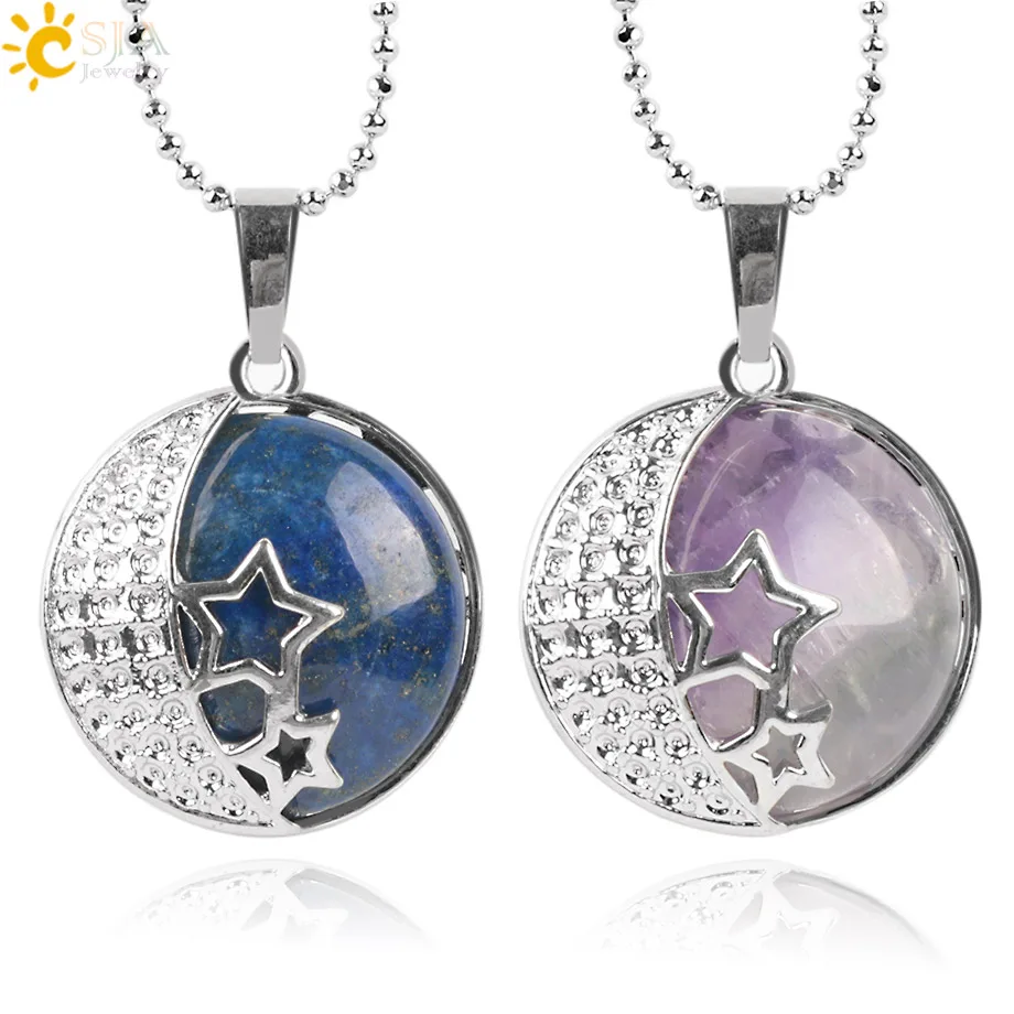 CSJA Reiki Chakra Yoga Semi Precious Natural Stone Pendant Rose Crystal Necklace Female Jewelry Love Moon Stars Back Hollow E175