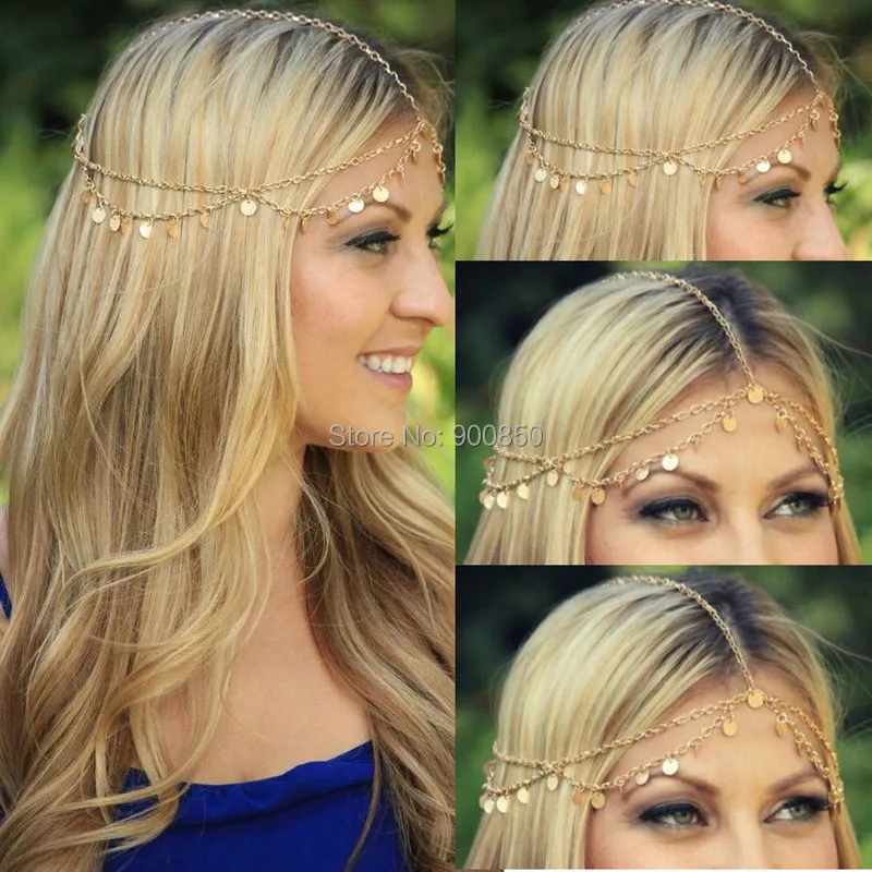 Women Metal Head Chain Hairpiece Headband Fashion Jewelry Multilayers Tassel Round Pendant Head Chain Hair Accessories Jewelry