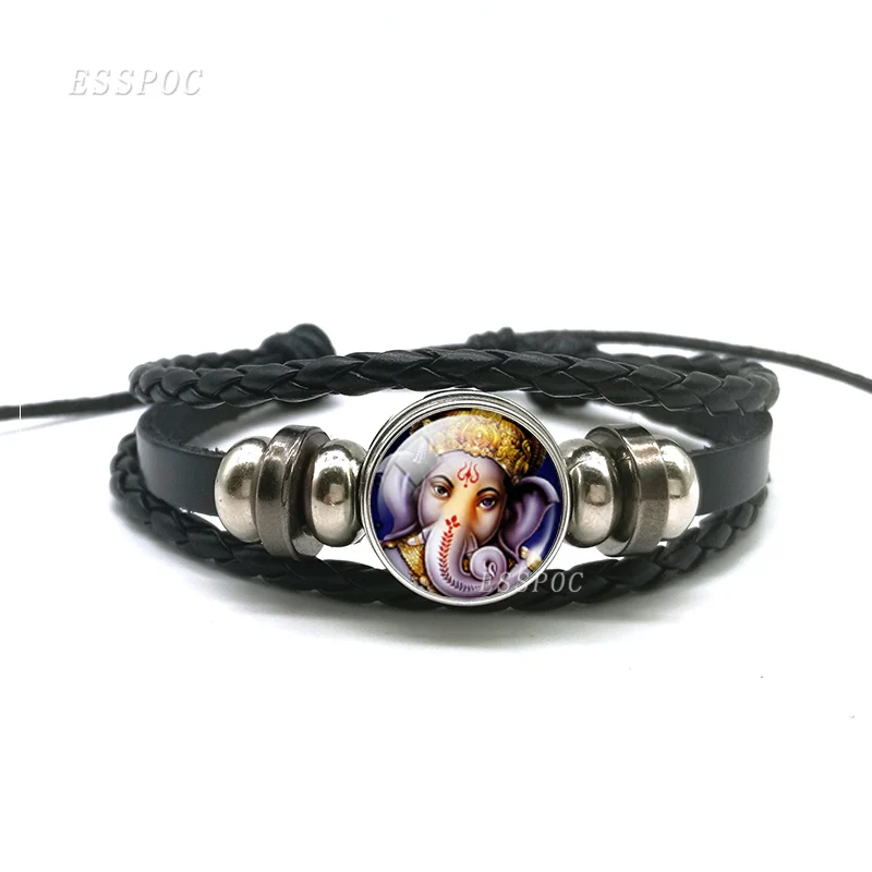 Ganesha Black Leather Bracelet Ganesh Glass Cabochon Snap Button Multi-layer Bracelet Bangle Hinduism Lord Amulet Jewelry Gift