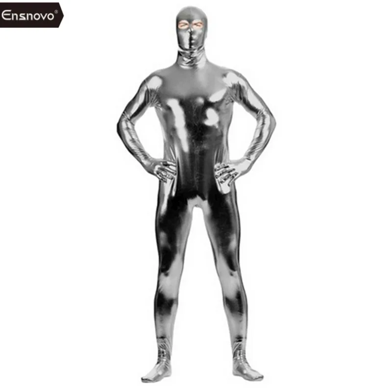 Ensnovo Men Catsuit Open Eye Spandex Shiny Metallic Zentai Suit Full Body Nylon Custom Skin Open Eyes Costume Bodysuit