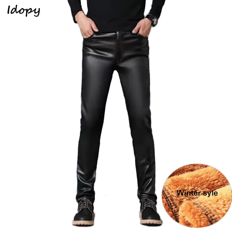 

Idopy PU Faux Leather Pants Men Windproof Waterproof Motorcycle Biker Business Male Trousers Stretchy Leather Slim Fit Plus Size