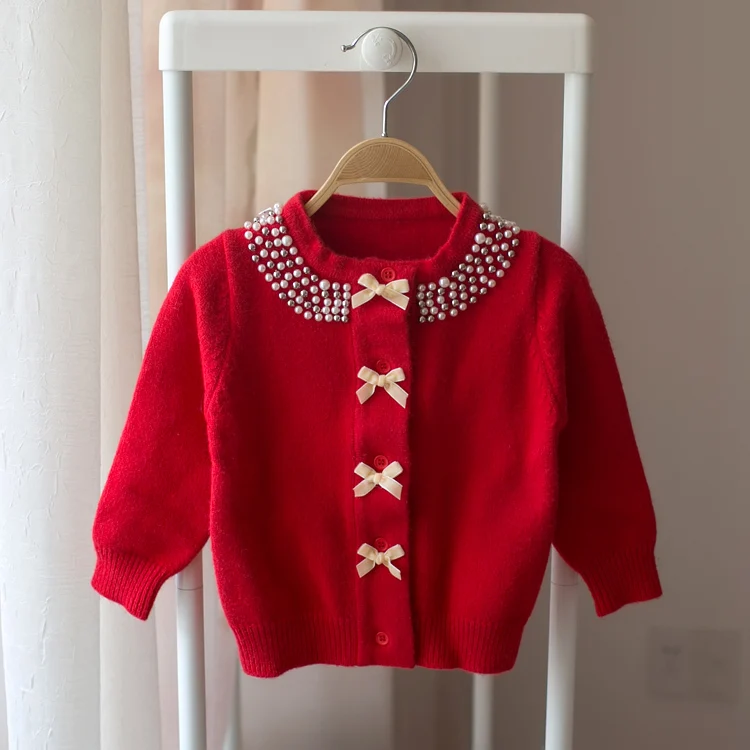 Children Clothing Kids Sweater Knitted Sweater Girls Sweater Beading Neck Girls Autumn Winter Cardigan