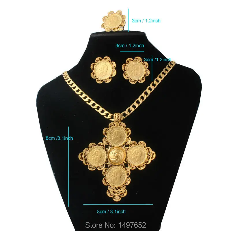 Newest Ethiopian Big Size 4pcs Cross Jewelry sets Gold Color Trendy Jewelry African Wedding Sets for Women