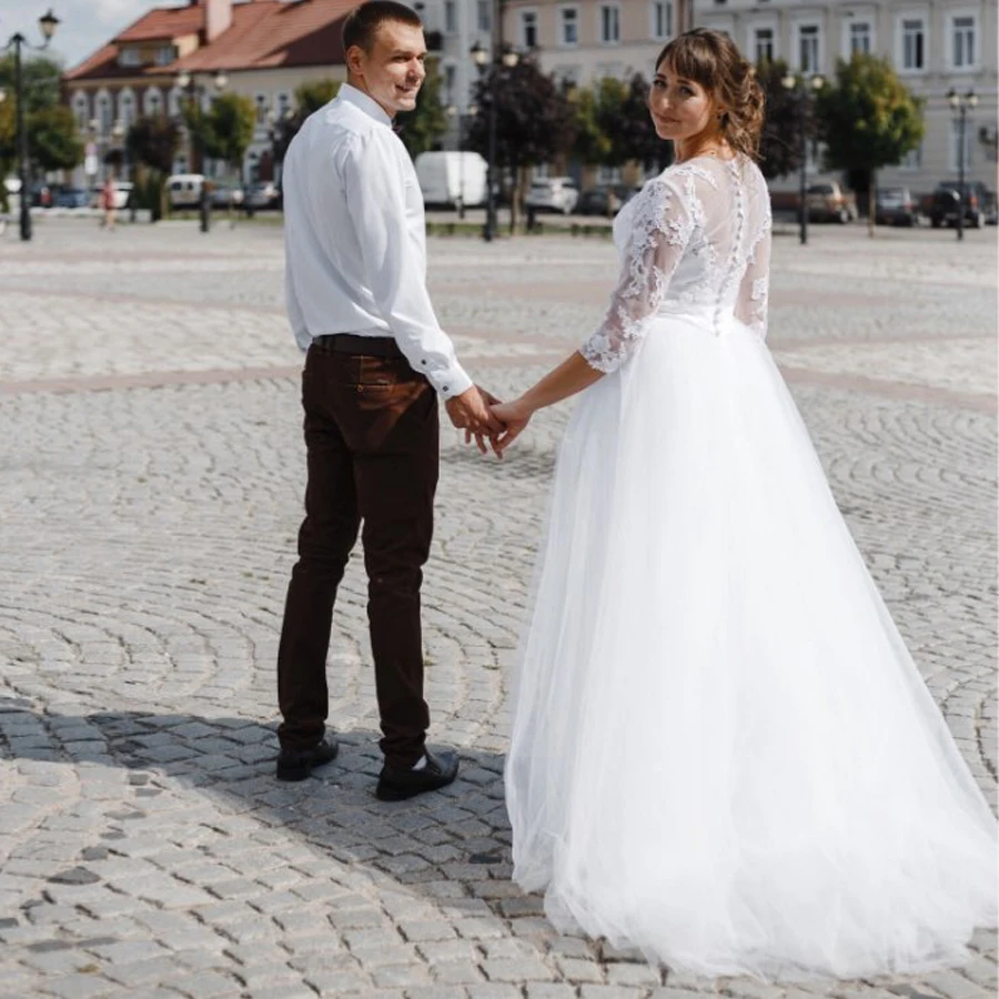 Vestido de Noiva koronkowa suknia ślubna z długim rękawem Scoop aplikacja suknia ślubna z tiulu suknie ślubne z linii szata De Mariage