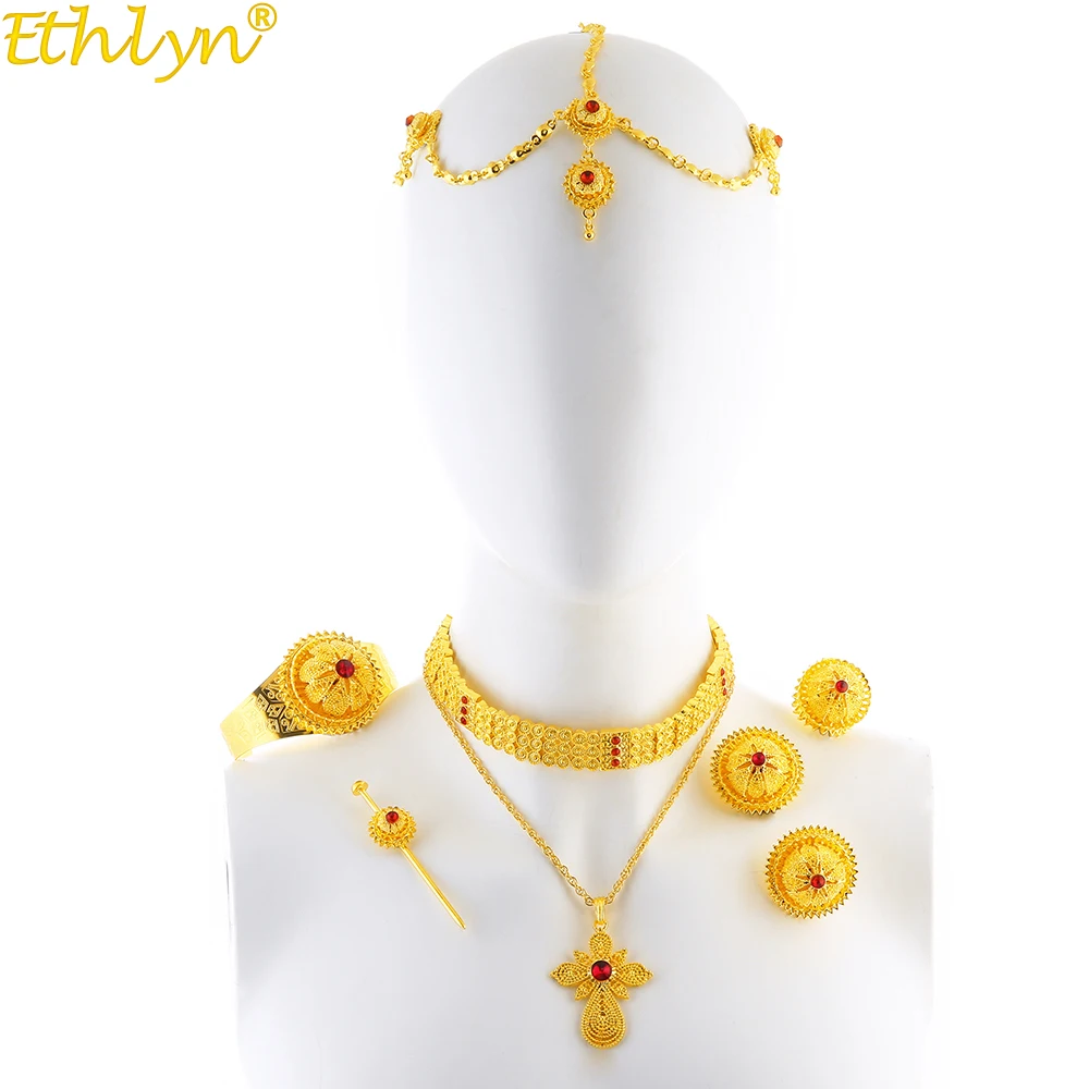 Ethlyn Jewelry  New Gold Color Luxury Ethiopian Eritrean Rhinestone Cross Pendant Wedding Choker Jewelry Sets Habesha Gifts S205